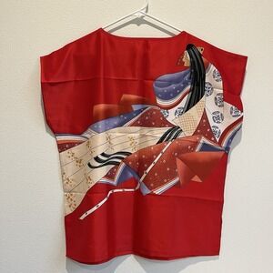 Japanese Women's Shirt Red Unique Lightweight Kimono Sz S/M Made In Japan